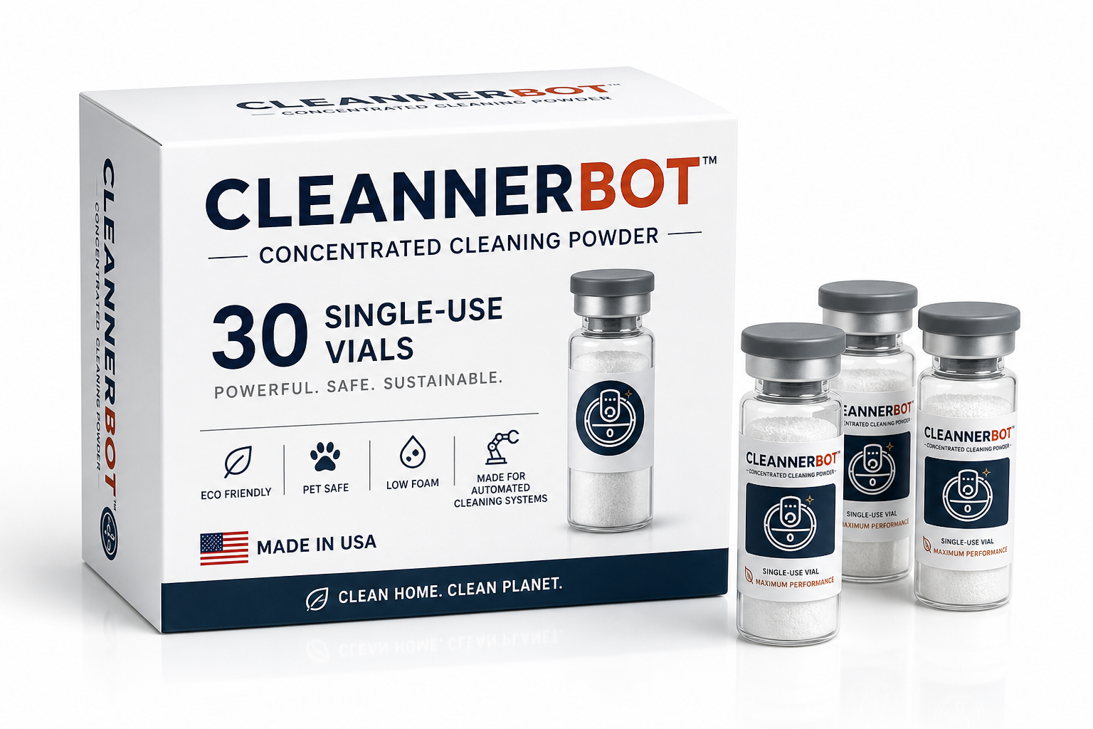 The CleannerBot retail box labeled 30 single-use vials, with vials displayed beside it