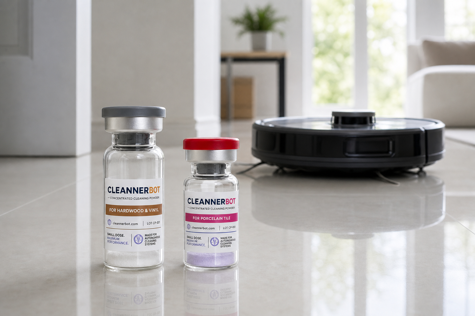 Two CleannerBot glass vials — a tall gray-cap vial and a short red-cap vial — standing on a glossy tile floor beside a black round robot vacuum, with a sunlit window and houseplant behind