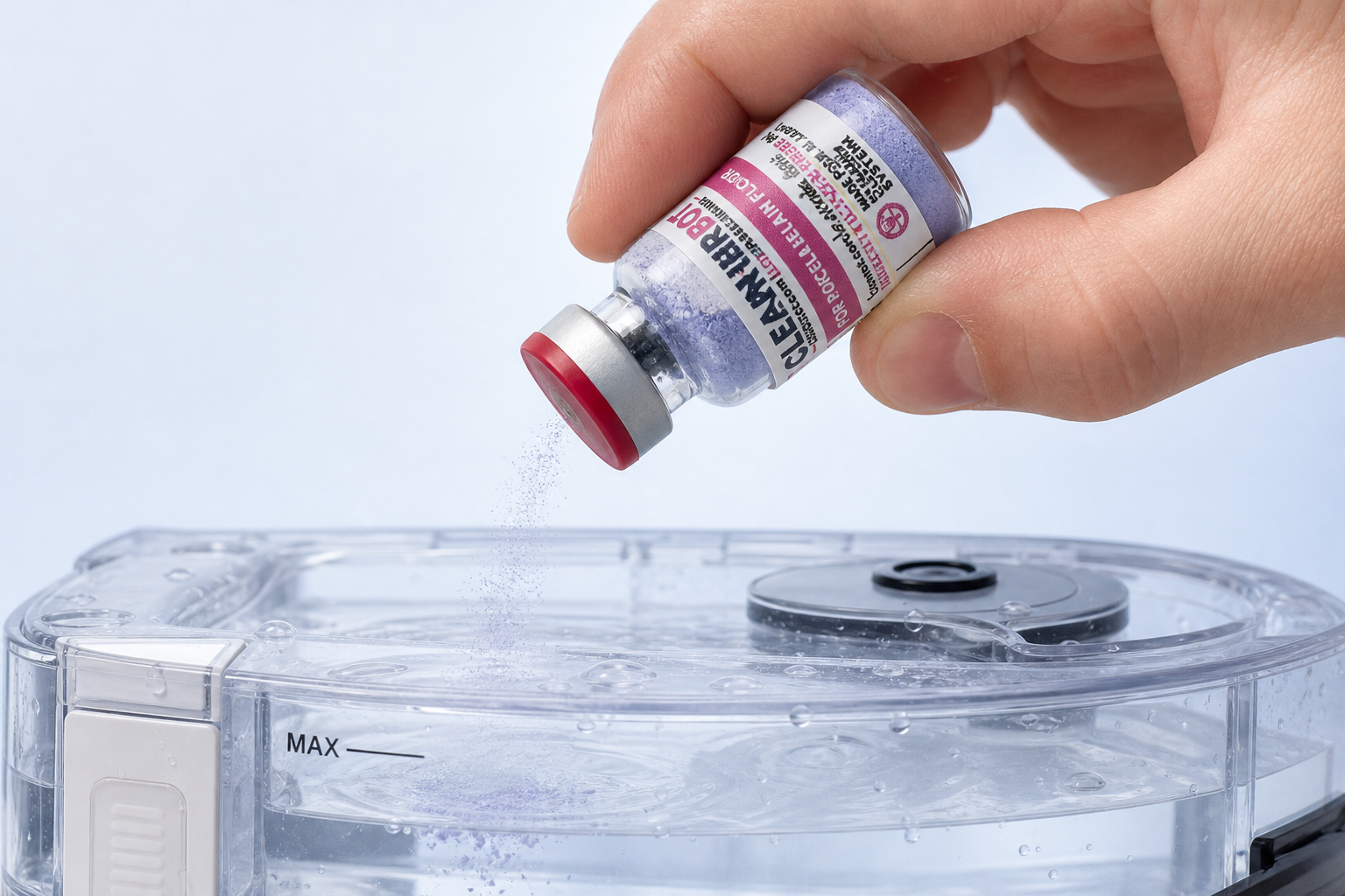 A hand pouring lavender CleannerBot powder from a red-cap glass vial into a robot mop's clear water tank, filled to the MAX line