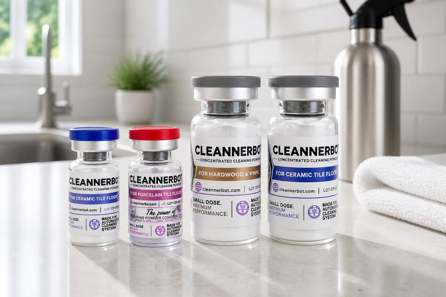Four real CleannerBot vials on a bright kitchen counter — two short vials with blue and red flip-off caps and two taller gray-cap vials — with a stainless faucet, window, small plant, spray bottle, and folded towel in the background