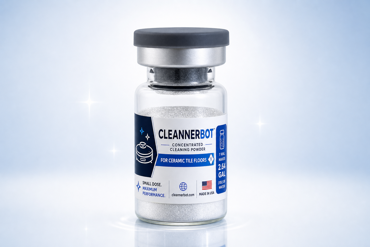 A premium CleannerBot glass vial with a blue label and gray pharmaceutical crimp cap on a studio background