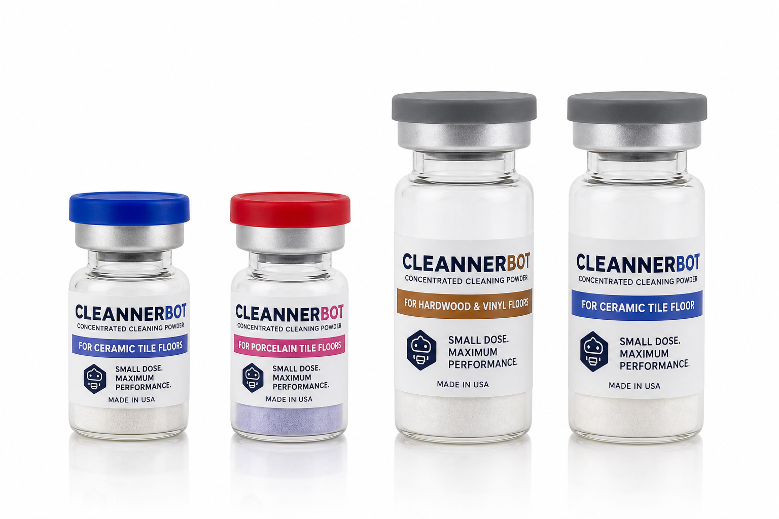 The CleannerBot lineup on a white background: two short 5 L vials with blue and red flip-off caps beside two taller 10 L vials with gray flip-off caps, each clear glass vial sealed with a silver aluminum crimp and filled with cleaning powder in the lower half